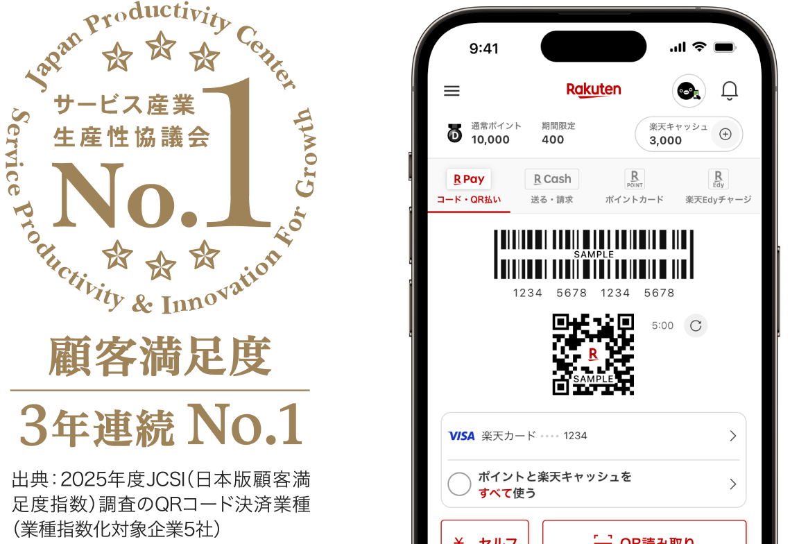 サービス産業生産性協議会 顧客満足度3年連続No.1 出典:2025年度JCSI(日本版顧客満足度指数)調査のQRコード決済業種(業種指数化対象企業5社)