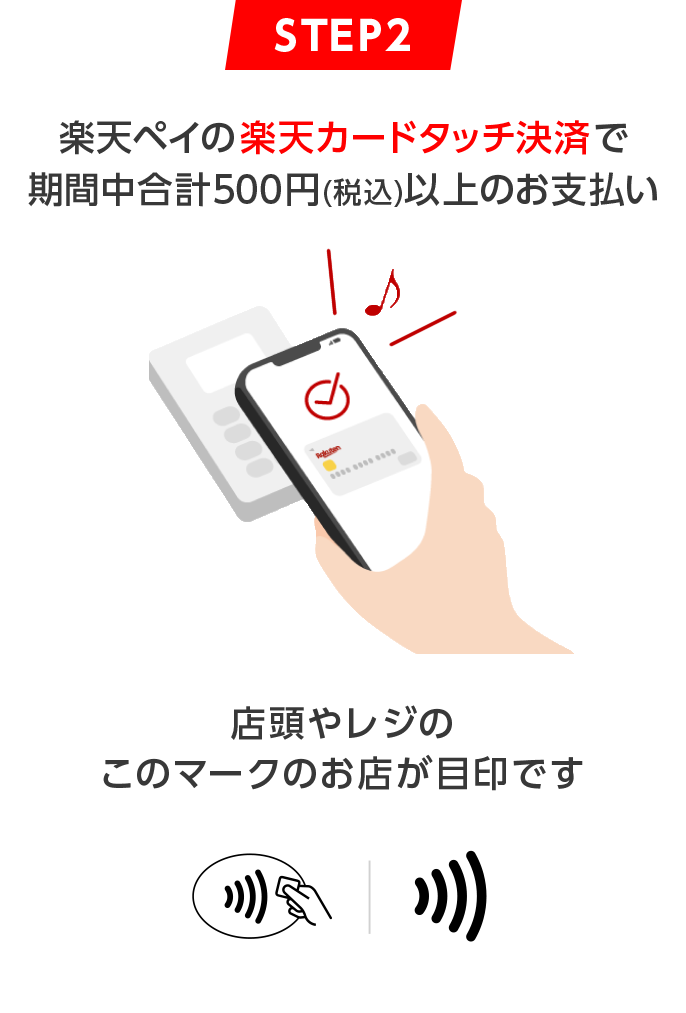 STEP2 楽天ペイの楽天カードタッチ決済で期間中合計500円(税込)以上のお支払い 店頭やレジのタッチ決済のマークのお店が目印です