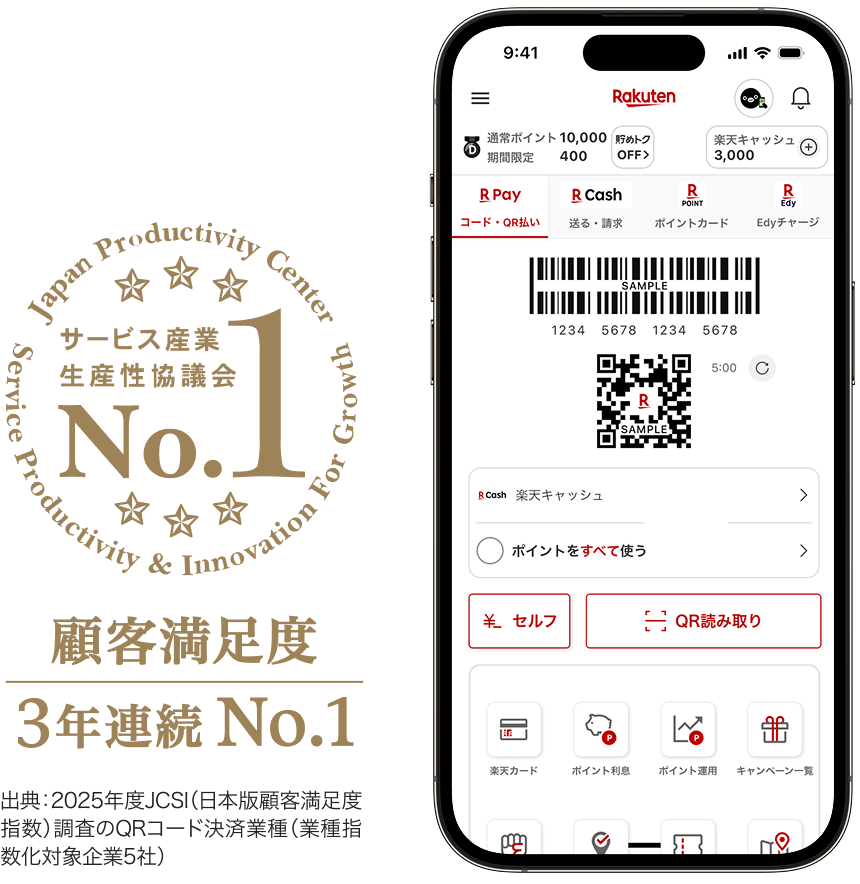 サービス産業生産性協議会 顧客満足度3年連続No.1 出典：2025年度JCSI（日本版顧客満足度指数）調査のQRコード決済業種（業種指数化対象企業5社）