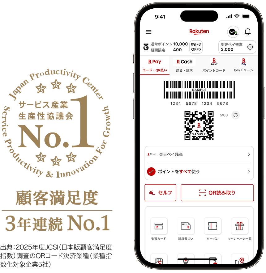 サービス産業生産性協議会 顧客満足度3年連続No.1 出典：2025年度JCSI（日本版顧客満足度指数）調査のQRコード決済業種（業種指数化対象企業5社）