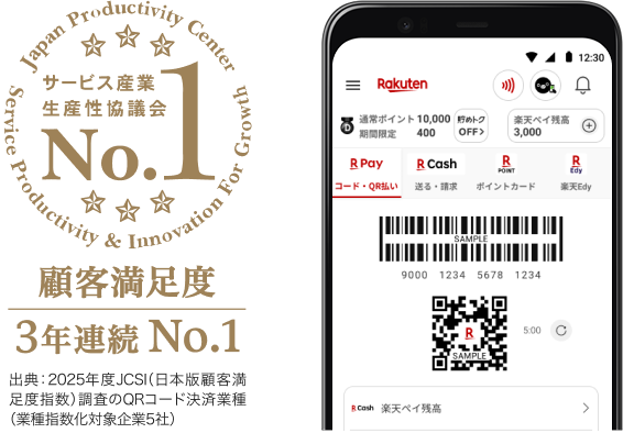 サービス産業生産性協議会 顧客満足度3年連続No.1 出典：2025年度JCSI（日本版顧客満足度指数）調査のQRコード決済業種（業種指数化対象企業5社）