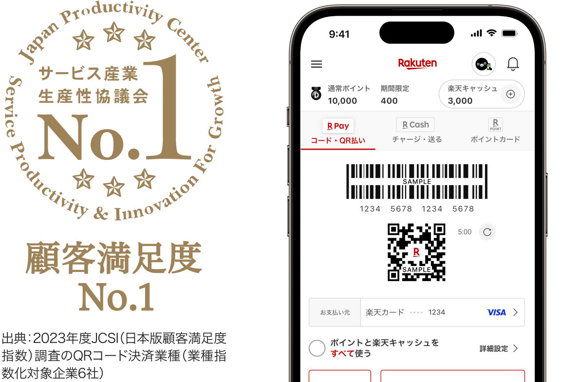 サービス産業生産性協議会No.1 顧客満足度No.1 出典：2023年度JCSI（日本版顧客満足度指数）調査のQRコード決済業種（業種指数化対象企業6社）