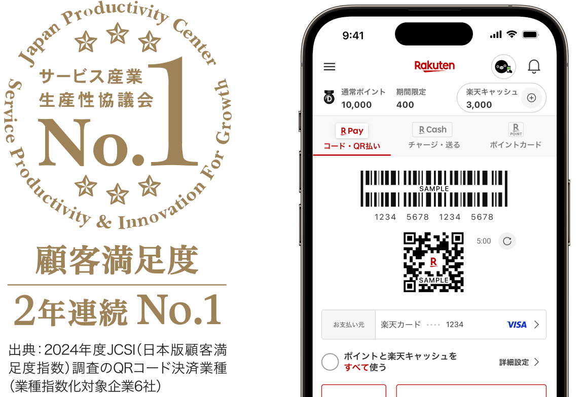 サービス産業生産性協議会 顧客満足度2年連続No.1 出典：2024年度JCSI（日本版顧客満足度指数）調査のQRコード決済業種（業種指数化対象企業6社）