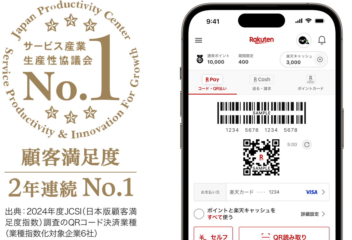 サービス産業生産性協議会 顧客満足度2年連続No.1 出典：2024年度JCSI（日本版顧客満足度指数）調査のQRコード決済業種（業種指数化対象企業6社）