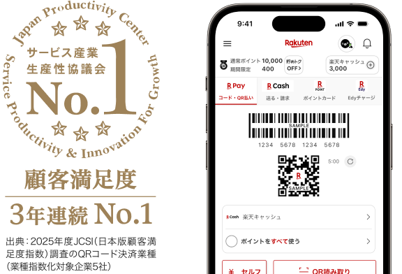 サービス産業生産性協議会 顧客満足度3年連続No.1 出典：2025年度JCSI（日本版顧客満足度指数）調査のQRコード決済業種（業種指数化対象企業5社）