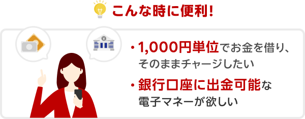 こんな時に便利！[1,000円単位でお金を借り、そのままチャージしたい][銀行口座に出金可能な電子マネーが欲しい]