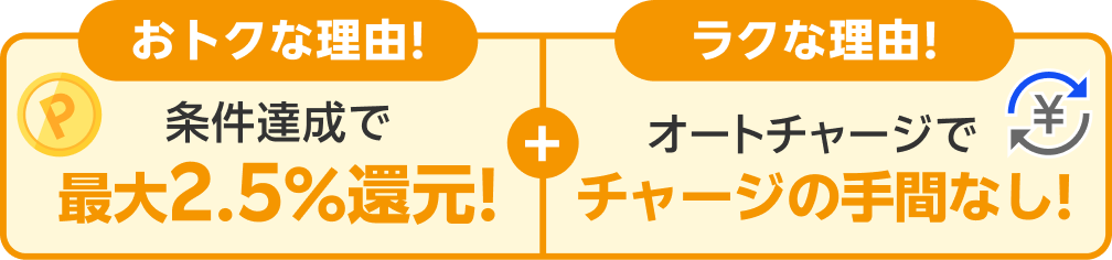 【おトクな理由！】条件達成で最大2.5％還元！＋【ラクな理由！】オートチャージでチャージの手間なし！