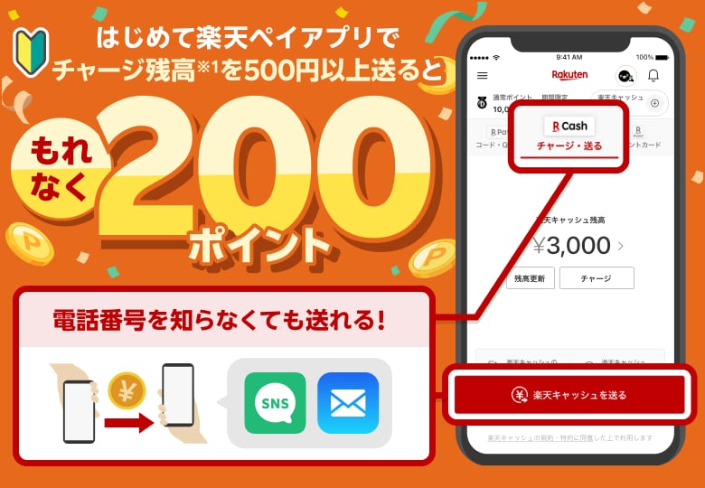 はじめて楽天ペイアプリでチャージ残高※1を500円以上送るともれなく200ポイント 電話番号を知らなくても送れる！