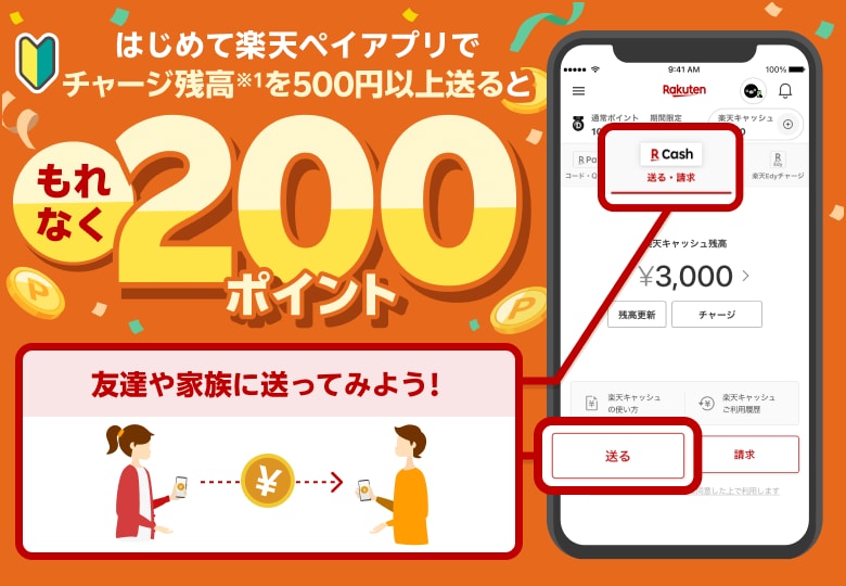 はじめて楽天ペイアプリでチャージ残高※1を500円以上送るともれなく200ポイント 友達や家族に送ってみよう!