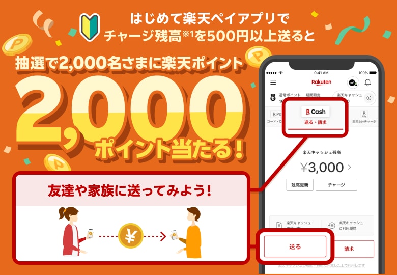 はじめて楽天ペイアプリでチャージ残高※1を500円以上送ると抽選で2,000名さまに楽天ポイント2,000ポイント当たる! 友達や家族に送ってみよう!