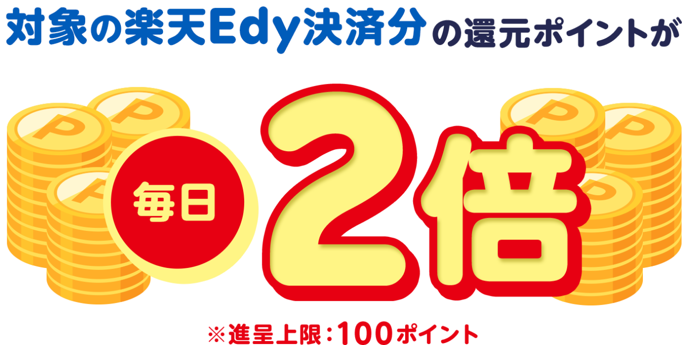 対象の楽天Edy決済分の還元ポイントが毎日2倍※進呈上限:100ポイント