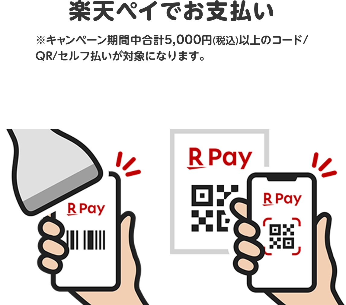 楽天ペイアプリでお支払い　※キャンペーン期間中合計5,000円（税込）以上のコード／QR／セルフ払いが対象になります。