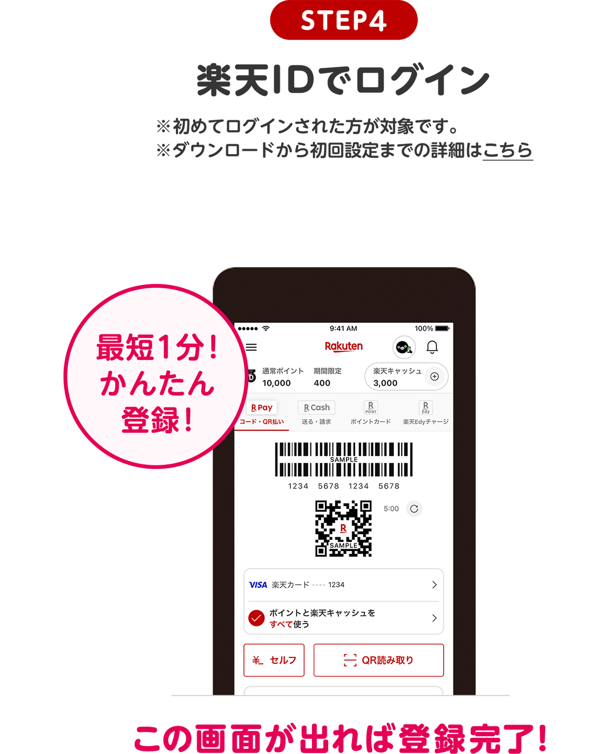 STEP4 楽天IDでログイン ※初めてログインされた方が対象です。 ※ダウンロードから初回設定までの詳細はこちら 最短1分！かんたん登録！ この画面が出れば登録完了！
