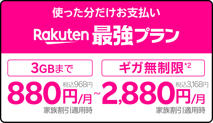 使った分だけお支払い 楽天最強プラン [3GBまで]880円／月（税込968円）家族割引適用時 ～ ［ギガ無制限*2］2,880円/月（税込3,168円）家族割引適用時