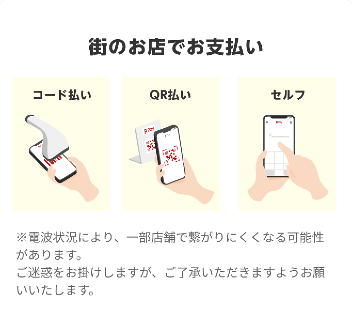 街のお店でお支払い「コード払い」「QR払い」「セルフ」※電波状況により、一部店舗で繋がりにくくなる可能性があります。ご迷惑をお掛けしますが、ご了承いただきますようお願いいたします。