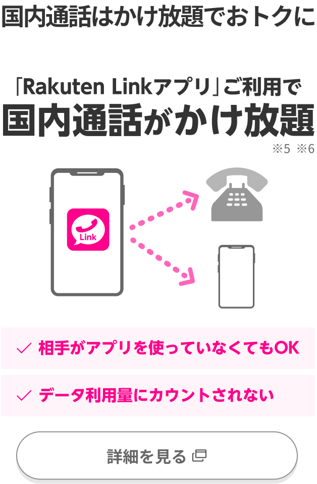 国内通話はかけ放題でおトクに 「Rakuten Linkアプリ」ご利用で国内通話がかけ放題(※5)(※6) 相手がアプリを使ってなくてもOK データ利用料にカウントされない