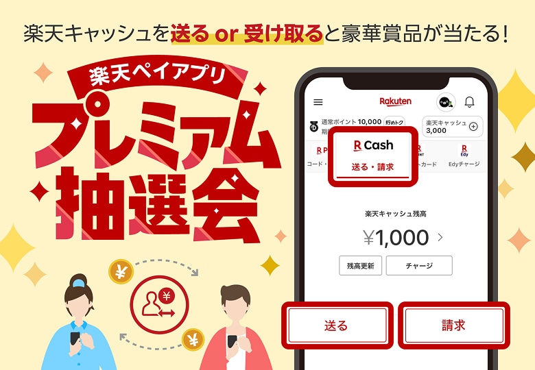 楽天キャッシュを送るor受け取ると豪華賞品が当たる！楽天ペイアプリ　プレミアム抽選会